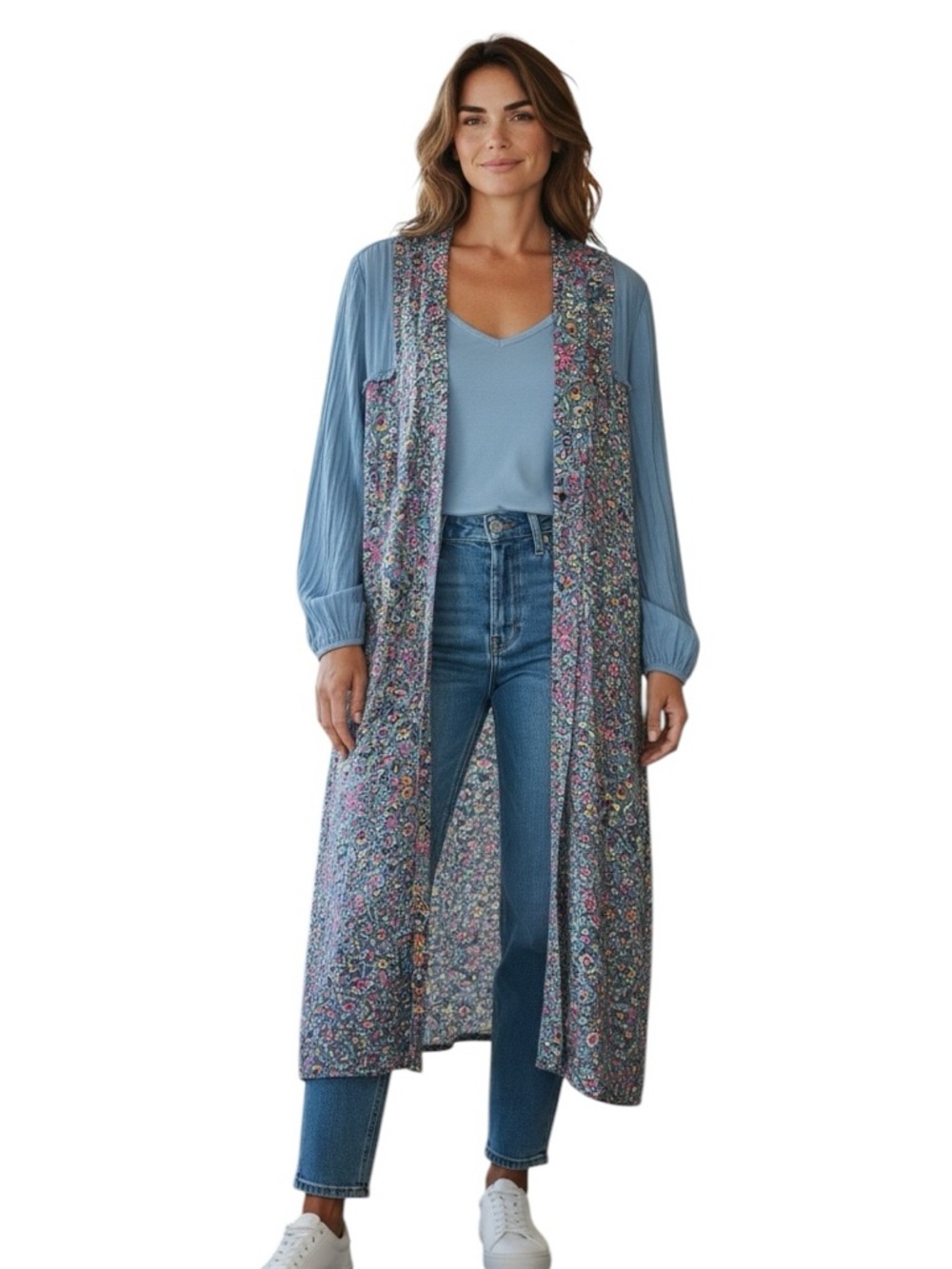 Canyon Retreat Light Blue Floral Print Long Cardigan Duster XS